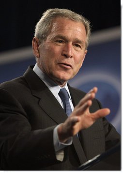 President George W. Bush speaks on free trade policy during a visit Friday, Oct. 12, 2007, to Miami. The President told his audience: "Congress now has an opportunity to build on the success by passing new free trade agreements with Peru, Colombia, and Panama. Today, all three of these countries enjoy duty-free access to U.S. markets for virtually all their products. They're shipping their goods our way, and most of those products enter America duty free. Yet when we ship our products their way, most of our products face significant tariffs. Our free trade agreements would knock down many of these barriers -- and level the playing field for our businesses and farmers and workers." White House photo by Eric Draper