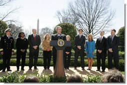 President George W. Bush, joined by the council members from the President's Council on Physical Fitness and Sports, announces the start of the National President's Challenge Thursday, March 20, 2008 in the East Garden at the White House. The National President's Challenge is a six-week physical activity challenge designed to get America up and moving 30 minutes a day, five days a week. White House photo by Joyce N. Boghosian