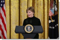 Mrs. Laura Bush welcomes invited guests Tuesday, Feb. 26, 2008 to the East Room of the White House, for the launch of the National Endowment for the Humanities’ Picturing America initiative, to promote the teaching, study, and understanding of American history and culture in schools. White House photo by Chris Greenberg