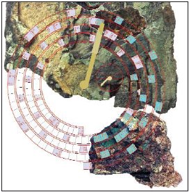 A diagram of a spiral dial for predicting solar and lunar eclipses is superimposed on a photo showing pieces of the metal mechanism brought up from a 2000-year-old shipwreck.