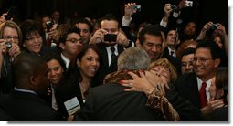 President George W. Bush is greeted enthusiastically by his audience after delivering remarks Thursday, June 26, 2008 to the National Hispanic Prayer Breakfast in Washington, D.C. The breakfast was hosted by Esperanza, one of the leading voices and faith-based organizations for Hispanic Americans.  White House photo by Chris Greenberg