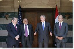 President George W. Bush stands with Iraqi leaders after their meeting Sunday, May 18, 2008, in Sharm El Sheikh, Egypt. With him from left are: Hoshyar Zeban, Foreign Minister, Vice President Abd al-Mahdi, and Deputy Prime Minister Barham Salih. White House photo by Chris Greenberg