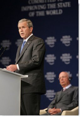 President George W. Bush speaks before the World Economic Forum on the Middle East Sunday, May 18, 2008, in Sharm El Sheikh, Egypt. The President told his audience, "I know these are trying times, but the future is in your hands �C- and freedom and peace are within your grasp." White House photo by Chris Greenberg