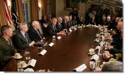 President George W. Bush addresses reporters Tuesday, Jan. 29, 2008, during a meeting in the Cabinet Room of the White House with the Joint Chiefs and Combatant Commanders. White House photo by Eric Draper