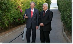 President George W. Bush is joined by Palestinian President Mahmoud Abbas Saturday, May 17, 2008, as they speak with members of the media following their meeting in Sharm el-Shiek, Egypt. White House photo by Chris Greenberg