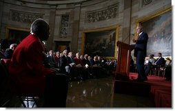 President George W. Bush speaks during the Congressional Gold Medal ceremony for the Tuskegee Airmen Thursday, March 29, 2007, at the U.S. Capitol. Said the President, “The Tuskegee Airmen helped win a war, and you helped change our nation for the better. Yours is the story of the human spirit, and it ends like all great stories do �C with wisdom and lessons and hope for tomorrow.”  White House photo by Eric Draper