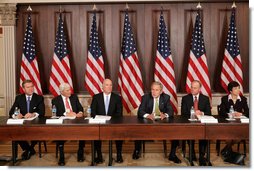 President George W. Bush participates in a meeting with former Cabinet Secretaries and Senior Government Officials on Free Trade Agreements Tuesday, Feb. 26, 2008, in the Eisenhower Executive Office Building in Washington, D.C. Joining the President from left are, former Defense Secretary William Cohen; former Commerce Secretary Bob Mosbacher; former Commerce Secretary Bill Daley; former White House Chief of Staff Mack McLarty; and former U.S. Trade Representative Carla Hills. White House photo by Chris Greenberg