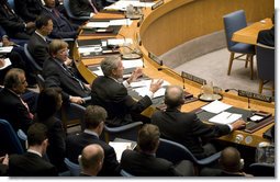 President George W. Bush gestures as he addresses delegates Tuesday, Sept. 25, 2007 at a meeting of the United Nations Security Council on Africa at the United Nations headquarters in New York. White House photo by Eric Draper