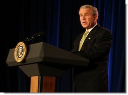 President George W. Bush speaks about the devastation left in the wake of overnight tornadoes across the South as he delivers remarks during the ceremonial swearing in Wednesday, Feb. 6, 2008, of Ed Schafer as Secretary of the U.S. Department of Agriculture. Said the President, "Today before we begin this important ceremony, I do want the people in those states to know the American people are standing with them."  White House photo by Chris Greenberg