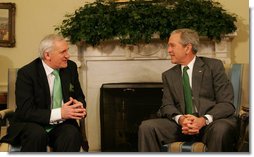 President George W. Bush welcomes Prime Minister Bertie Ahern of Ireland to the White House Monday, March 17, 2008, in celebration of St. Patrick's Day. White House photo by Joyce N. Boghosian