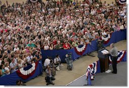 President George W. Bush addresses members of the West Virginia Air National Guard 167th Airlift Wing and their family members Wednesday, July 4, 2007, in Martinsburg, W. Va. White House photo by Chris Greenberg