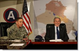 President George W. Bush and Gen. David Petraeus meet Saturday, Jan. 12, 2007, at Camp Arifjan, Kuwait. White House photo by Eric Draper