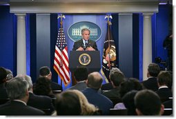 President George W. Bush holds a press conference Thursday, Aug. 9, 2007, in the James S. Brady Press Briefing Room. "Today I'm going to sign into law a bill that supports many of the key elements of the American Competitiveness Initiative," said the President. "This legislation supports our efforts to double funding for basic research in physical sciences."  White House photo by Chris Greenberg