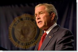 President George W. Bush addresses the American Legion 89th Annual Convention Tuesday, Aug. 28, 2007, in Reno, Nev., where President Bush told Legion members, "We seek a Middle East of secure democratic states that are at peace with one another, that are participating in the global markets, and that are partners in the fight against the extremists and radicals." White House photo by Chris Greenberg