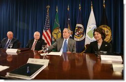 President George W. Bush, joined by Vice President Dick Cheney, meets with members of his economic team Thursday, Feb. 28, 2008 at the U.S. Labor Department in Washington, D.C., including U.S. Secretary of Treasury Henry Paulson, left, and U.S. Labor Secretary Elaine Chao. White House photo by Joyce N. Boghosian