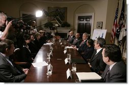 President George W. Bush addresses his remarks to members of the media during a meeting with small business owners, health insurance providers and recently insured individuals on Health Savings Accounts, Monday, April 2, 2007, in the Roosevelt Room at the White House. A report released Monday shows the number of individuals covered by Health Savings Accounts has increased 43 percent over the last year.  White House photo by Joyce Boghosian