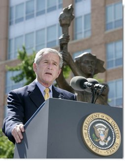 President George W. Bush addresses his remarks Tuesday, June 12, 2007, at the dedication ceremony for the Victims of Communism Memorial in Washington, D.C. President Bush, speaking on the anniversary of President Ronald Reagan’s Berlin Wall speech, said “ It’s appropriate that on the anniversary of that speech, that we dedicate a monument that reflects our confidence in freedom’s power.”  White House photo by Joyce Boghosian