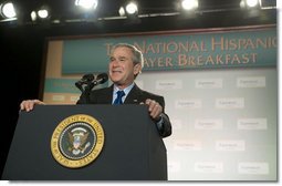 President George W. Bush addresses the National Hispanic Prayer Breakfast Friday, June 15, 2007, in Washington, D.C. “Many of you at this breakfast devote your lives to serving others. By doing so, you're answering a timeless call to love your neighbor as yourself,	” said President Bush. “You really represent the true strength of America, and I thank you for being of service to our country.” White House photo by Joyce N. Boghosian