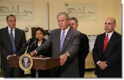 President George W. Bush is joined, from left to right, by former U.S. Senator Bob Dole and former U.S. Health and Human Services Secretary Donna Shalala, who co-chair the President’s Commission on Care for America’s Returning Wounded Warriors; Secretary of Veterans Affairs Jim Nicholson and Fernando O. Rivera, director of the Washington D.C. Veterans Affairs Medical Center, Monday, Aug. 13, 2007 at the medical center, as President Bush addresses his remarks on the commission’s findings and the implementation of their recommendations to offer the best care possible to the nation’s veterans.  White House photo by Chris Greenberg