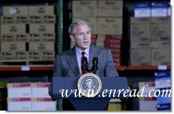 President George W. Bush addresses his remarks on the nation's economy to state and local business leaders Tuesday, Oct. 7, 2008, during his visit to the Guernsey Office Products, Inc. in Chantilly, Va. President Bush said the Emergency Economic Stabilization Act of 2008 will take time to have its full effect in improving the economy.  White House photo by Chris Greenberg