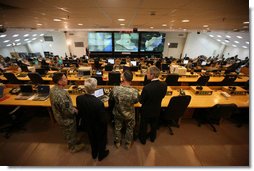 President George W. Bush is given a tour of the Operations Center at Camp Arifjan Saturday, Jan. 12, 2008, during his visit to the Kuwait camp to meet with the United States Ambassador to Iraq and Commander of the Multi-National Force in Iraq. White House photo by Eric Draper