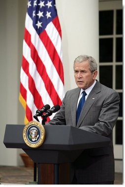 President George W. Bush addresses reporters Wednesday, July 9, 2007 in the Rose Garden at the White House, to thank Democratic and Republican members of Congress, and administration members, for their hard work in gaining passage of the FISA Reform legislation. White House photo by Luke Sharrett