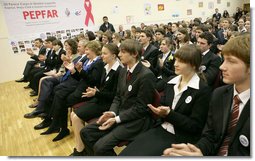 President George W. Bush and Mrs. Laura Bush applaud as they watch a skit sponsored by PEPFAR on HIV/AIDS performed by students at School 57 Tuesday, April 1, 2008, in Kyiv, Ukraine. White House photo by Shealah Craighead