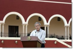 President George W. Bush delivers a statement during arrival ceremonies Tuesday, March 13, 2007, at Hacienda Temozon in Temozon Sur, Mexico. Said the President, "The United States and Mexico are partners. We're partners in building a safer, more democratic and more prosperous hemisphere. And a strong relationship between our countries is based upon mutual trust and mutual respect." White House photo by Paul Morse