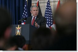 President George W. Bush speaks during a joint press availability Thursday, Jan. 10, 2008, with President Mahmoud Abbas of the Palestinian Authority, in Ramallah. President Bush said of his counterpart, “President Abbas was elected on a platform of peace. The conditions on the ground are very difficultÉ nevertheless, this man and his government not only works for a vision, but also works to improve the lives of the average citizens, which is essential for the emergence of a Palestinian democracy. White House photo by Chris Greenberg