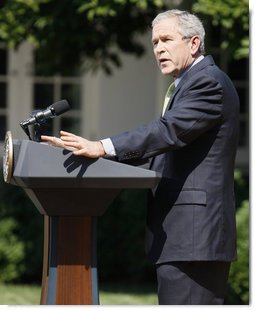 President George W. Bush delivers a statement on the G8 Summit Wednesday, July 2, 2008, in the Rose Garden of the White House. White House photo by Eric Draper