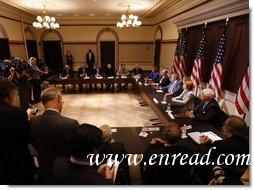 President George W. Bush delivers remarks during a meeting with representatives of American businesses on the Economic Rescue Package Thursday, Oct. 2, 2008, in the Eisenhower Executive Office Building. The President said, "I want to thank the job creators who have joined me here today to talk about the state of the economy and the need for the House of Representatives to pass the bill that passed the Senate last night with an overwhelming bipartisan majority."  White House photo by Eric Draper