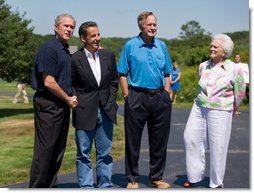 President Nicolas Sarkozy of France is welcomed to Walker’s Point by President George W. Bush, former President George H.W. Bush and his wife Barbara Bush Saturday, August 11, 2007, in Kennebunkport, Maine. White House photo by Shealah Craighead