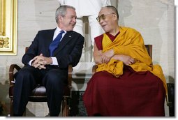 President George W. Bush and The Dalai Lama share a laugh Wednesday, Oct. 17, 2007, during the ceremony at the U.S. Capitol in Washington, D.C., for the presentation of the Congressional Gold Medal to The Dalai Lama. White House photo by Chris Greenberg