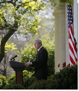 President George W. Bush speaks on climate change during remarks from the Rose Garden Wednesday, April 16, 2008, at the White House. Said the President, "I'm confident that with sensible and balanced policies from Washington, American innovators and entrepreneurs will pioneer a new generation of technology that improves our environment, strengthens our economy, and continues to amaze the world." White House photo by Noah Robinowitz