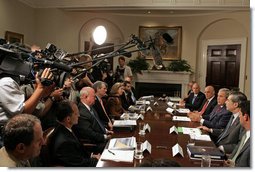 President George W. Bush makes a statement to the press during a meeting with his economic team Friday, July 27, 2007, in the Roosevelt Room. "Job growth has been strong, and that's what you'd expect when our economy is strong and resilient and flexible. People working, unemployment rate is down, wages are increasing," said President Bush. White House photo by Joyce N. Boghosian