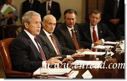 With Secretary Michael Chertoff of the Department of Homeland Security beside him, President George W. Bush speaks to the media in the Roosevelt Room Monday, Sept. 15, 2008, during an update on Hurricane Ike response and relief efforts. White House photo by Eric Draper