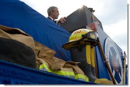 President Bush makes remarks during a ceremony at the National Fallen Firefighters Memorial service in Emmitsburg, Md., Sunday, Oct. 7, 2007. White House photo by Chris Greenberg