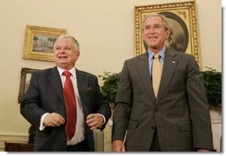 President George W. Bush and Polish President Lech Kaczynski conclude their meeting in the Oval Office Monday, July 16, 2007, where the two leaders met to discuss economic and mutual security issues. White House photo by Joyce N. Boghosian