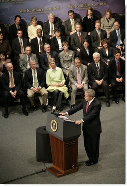 President George W. Bush speaks on the Global War on Terror Friday, April 20, 2007 at East Grand Rapids High School in East Grand Rapids, Mich. During his remarks President Bush said, "We're all interconnected in this world. What happens overseas matters here at home, from a security perspective, but I also believe it matters here at home from the perspective of keeping our spirits strong. It's in the interest of this country that we be engaged in freeing people from tyranny, the tyranny of government and the tyranny of disease and hunger." White House photo by Eric Draper